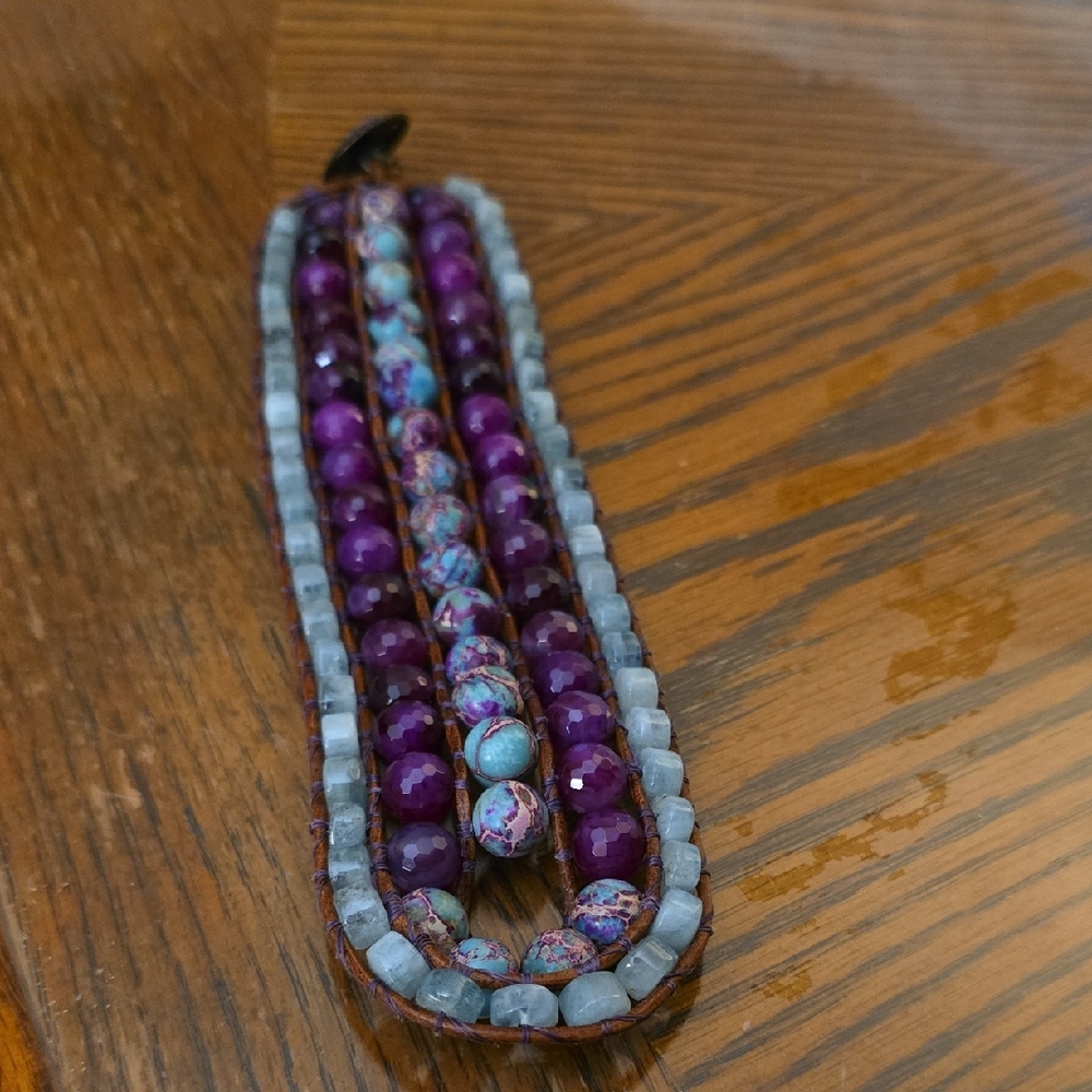 Handmade Semi Precious Beaded Bracelet With Leather.